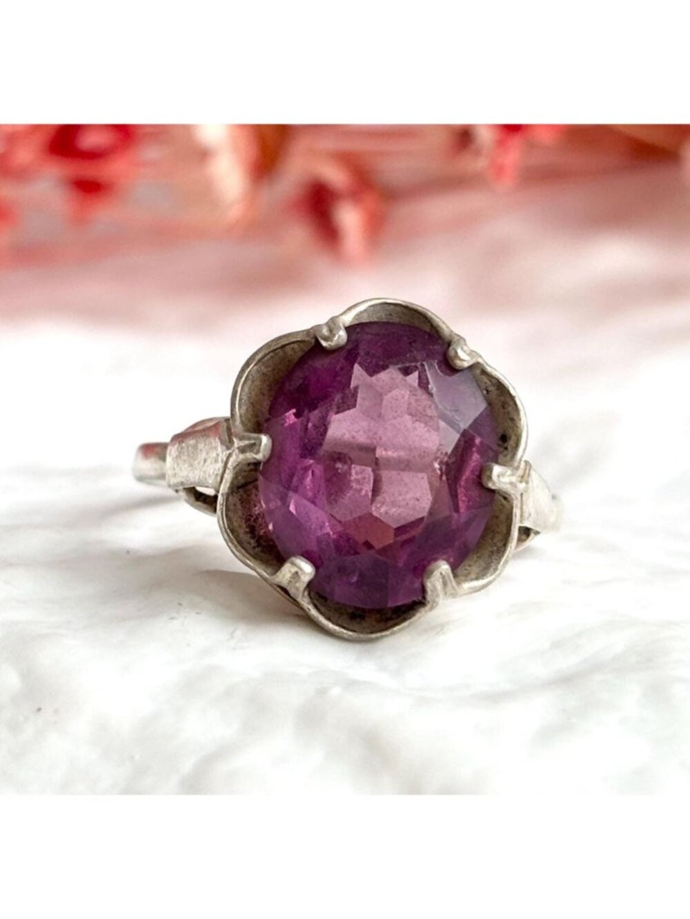 Amethyst Gemstone Scalloped Floral Sterling Silver 925 Vintage Ring - sz 7.5